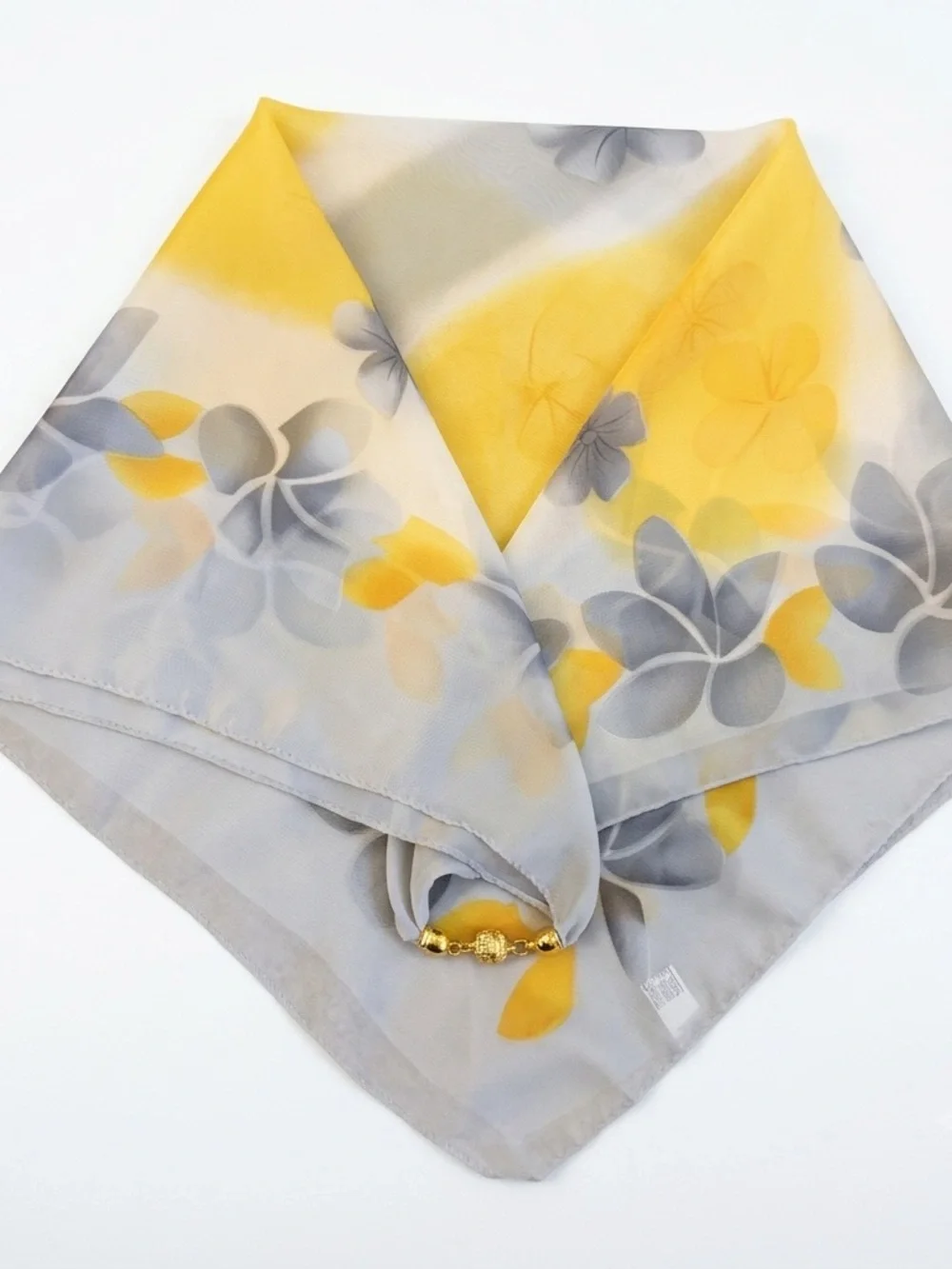 Floral Square Scarf w/ Magnetic Clasp 25x25 Yellow Grey Silk Feeling Accessory
